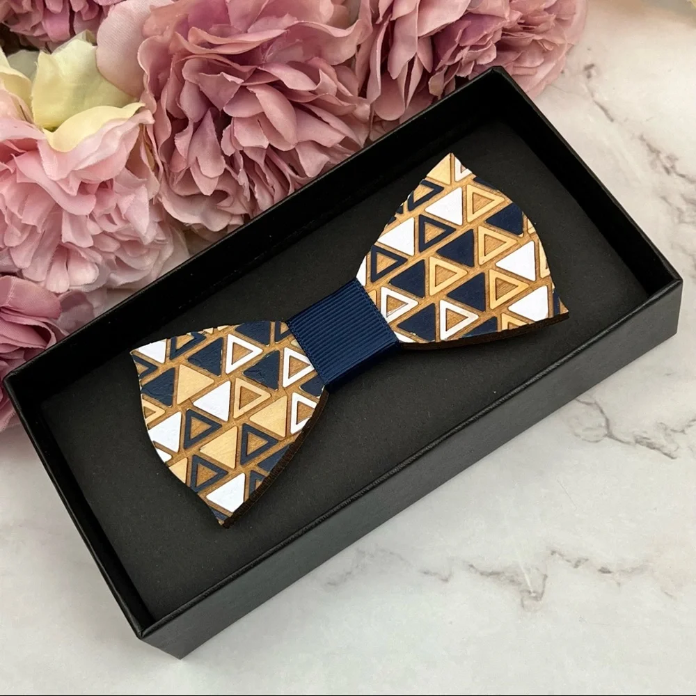 Hand Crafted Blue and White Geometric Wood Butterfly Bow Tie - Picture 12 of 16